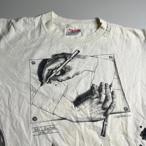 Vintage M.C. Escher Art T Shirt Soft Tee USA Made White Graphic Mens L 1991 90s - Picture 5 of 12